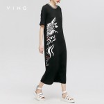 VING Dresses 2017 Summer Wommen Carp Ink Printed Pullover Natural Dress