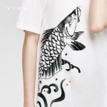 VING Dresses 2017 Summer Wommen Carp Ink Printed Pullover Natural Dress