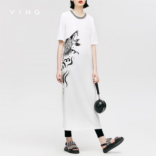 VING Dresses 2017 Summer Wommen Carp Ink Printed Pullover Natural Dress