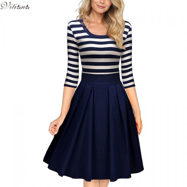 VITIANA Women Slimming Clothing Autumn Casual Striped Bodycon Dress Striped Patchwork O-Neck Office Dresses Vestidos de festa 