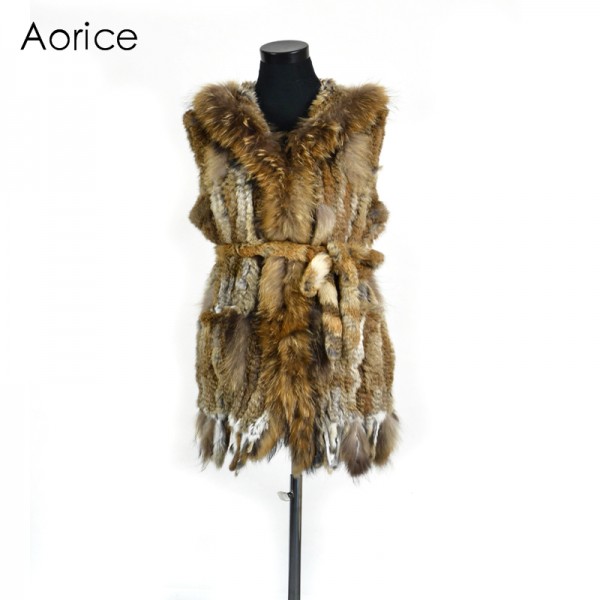 VR061 Genuine rabbit fur vest women's winter warm  real fur jacket  with raccoon fur collar plus size customized