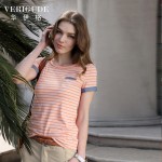 Veri Gude Summer Casual Style T-Shirt Women Slim Fit Cotton Striped Shirt O-Neck Seven Color Cute All-Match Free Shipping 