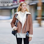 Veri Gude Women Faux Leather Winter Jacket Motorcycle Style Faux Fleece Jacket