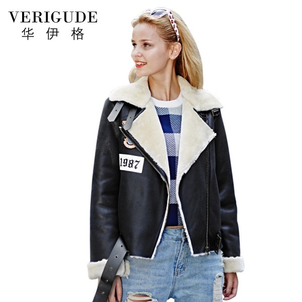 Veri Gude Women Faux Leather Winter Jacket Motorcycle Style Faux Fleece Jacket