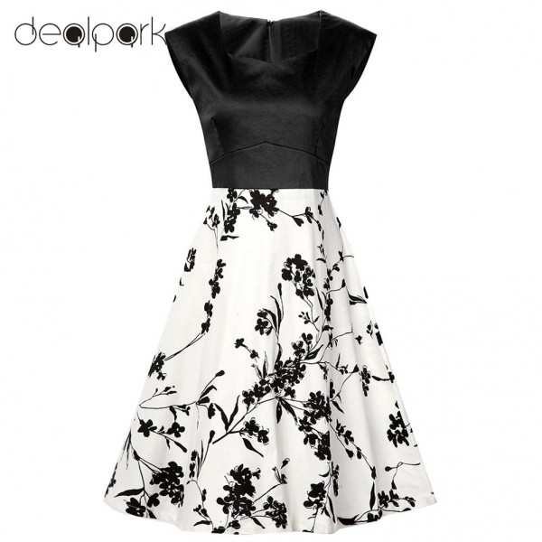 Vestido De Festa Vintage Women Skater Dress Floral Print Polka Dot Square Neck Sleeveless High Waist Retro Party Pleated Dress