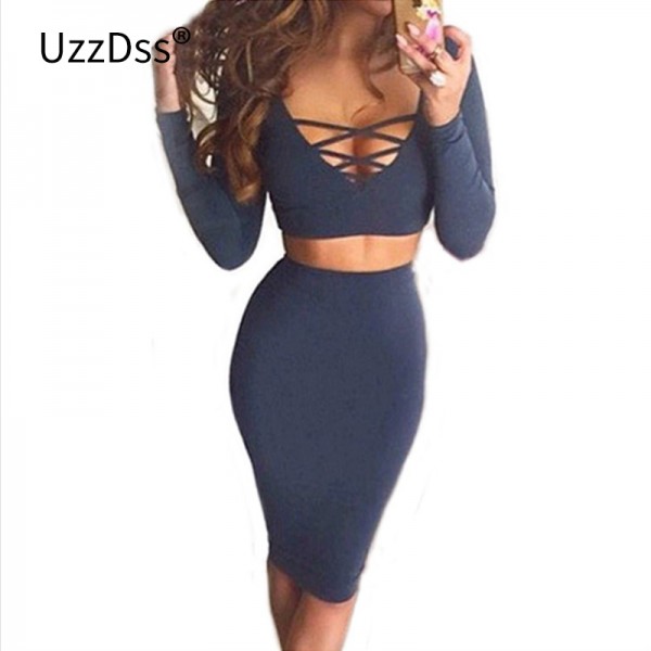 Vestidos 2017 Spring Long Sleeve Lace Up Tops 2 Piece Sets Women Sexy Clubwear Slim Midi Bandage Bodycon Outfit Party Dresses