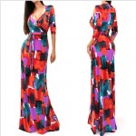 Vestidos Autumn and Spring Sexy Deep V-neck Three Quarter Sleeve Printed Slim Package Long Dresses