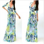 Vestidos Autumn and Spring Sexy Deep V-neck Three Quarter Sleeve Printed Slim Package Long Dresses