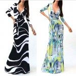 Vestidos Autumn and Spring Sexy Deep V-neck Three Quarter Sleeve Printed Slim Package Long Dresses