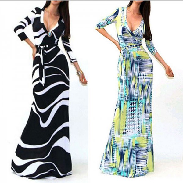 Vestidos Autumn and Spring Sexy Deep V-neck Three Quarter Sleeve Printed Slim Package Long Dresses