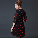 Vestidos Femininos 2016 Autumn Cute Red Lips Print Stand Collar lined Dresses Women Chiffon Dress with Sashes Plus Size S-4XL