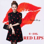 Vestidos Femininos 2016 Autumn Cute Red Lips Print Stand Collar lined Dresses Women Chiffon Dress with Sashes Plus Size S-4XL