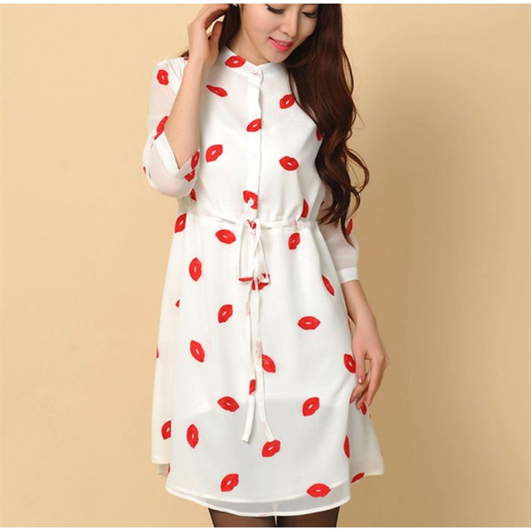 Vestidos Femininos 2016 Autumn Cute Red Lips Print Stand Collar lined Dresses Women Chiffon Dress with Sashes Plus Size S-4XL