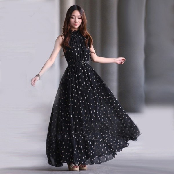 Vestidos de festa  Fashion Women's Polka Dots Maxi Dress With Belt Long Casual Summer Beach Chiffon Party Dresses Cheap