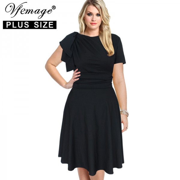 Vfemage (Plus Size) Womens Elegant Ruffle Sleeve Ruched Casual Party Office Fitted Slim Bodycon A-Line Dress 2786