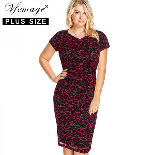 Vfemage (Plus Size) Womens Summer Elegant Floral Lace Wear to Work Office Casual Party Sheath Pencil Fitted Bodycon Dress 2797