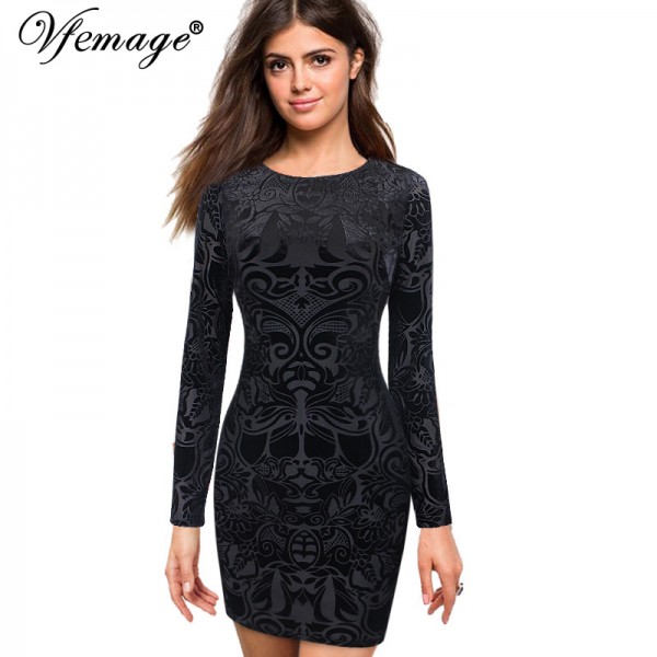 Vfemage Sexy Cool Chic Elegant Retro Brocaded Velvet Slim Girl Ladies Casual Party Club Pencil Sheath Bodycon Dress 4593