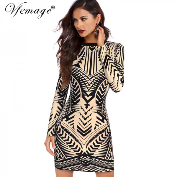 Vfemage Sexy Geometry Printed Ladies Fashion Long Sleeve Slim Tunic Cool Chic Casual Party Club Bodycon Short Mini Dress 4617