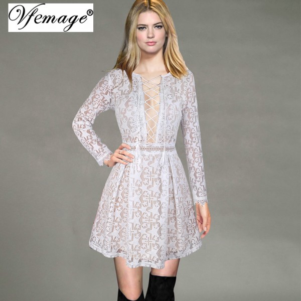 Vfemage Sexy Lace up See Through Hollow Out Geometry Star Lace Tie up Casual Beach Party Short A-Line Skater Dress 4552