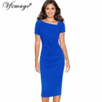 Vfemage Women Asymmetric Neckline Elegant Modest Ruched Draped Work Office Casual Party Bodycon Sheath Vestidos Dress 2305