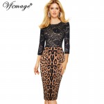 Vfemage Women Elegant Flower Lace High Waist Leopard Transparent 3/4 Sleeve Casual Party Pencil Sheath Tunic Bodycon Dress 4327