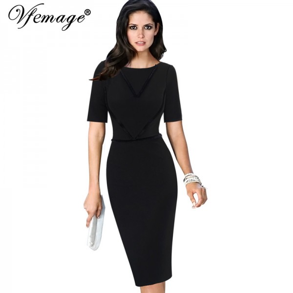 Vfemage Women Elegant Short Sleeve Summer Slim Tunic Casual Wear To Work Business Office Bodycon Pencil Sheath Dress 4689