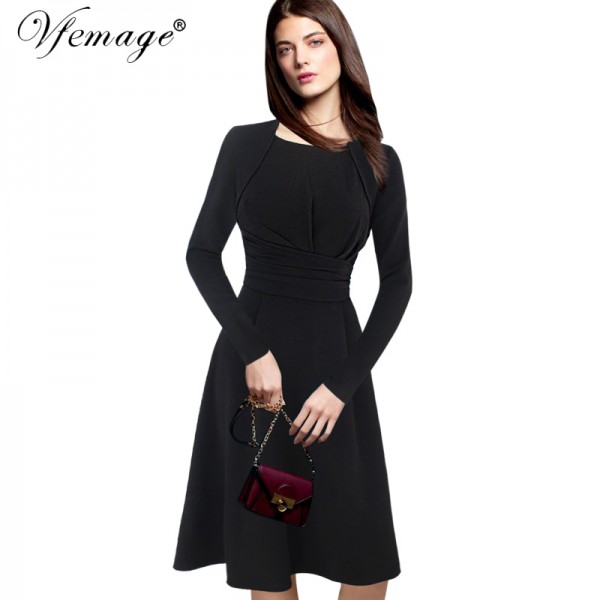 Vfemage Women Elegant Vintage Draped Ruffle Tunic Slim Pinup Casual Wear To Work Office Business Party A-Line Skater Dress 3967