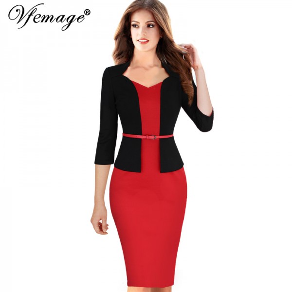 Vfemage Women One-piece Faux Jacket Elegant Slim V-neck Contrast Work Office Business 3/4 Sleeve Female Belt Bodycon Dress 4198