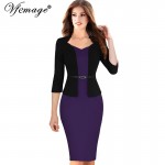 Vfemage Women One-piece Faux Jacket Elegant Slim V-neck Contrast Work Office Business 3/4 Sleeve Female Belt Bodycon Dress 4198