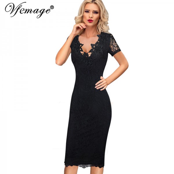 Vfemage Women Sexy Elegant 3D Crochet Flower Lace Party Evening Mother of Bride Work Casual Special Occasion Bodycon Dress 4686