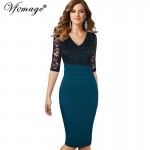 Vfemage Women Sexy Mature Ruffle Vintage Dress V-Neck Lace Top Half Sleeve Zipper Club wear Casual Pencil Office dress 4439