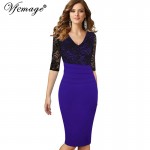 Vfemage Women Sexy Mature Ruffle Vintage Dress V-Neck Lace Top Half Sleeve Zipper Club wear Casual Pencil Office dress 4439