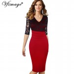 Vfemage Women Sexy Mature Ruffle Vintage Dress V-Neck Lace Top Half Sleeve Zipper Club wear Casual Pencil Office dress 4439