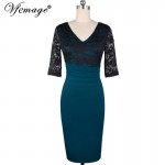 Vfemage Women Sexy Mature Ruffle Vintage Dress V-Neck Lace Top Half Sleeve Zipper Club wear Casual Pencil Office dress 4439