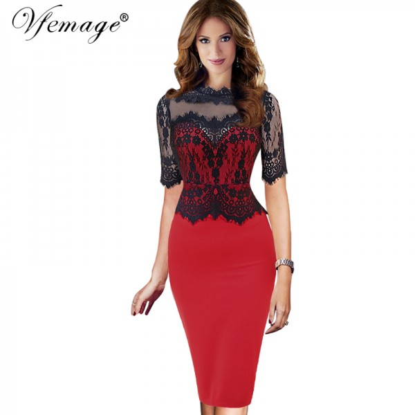 Vfemage Women Sexy Vintage Floral Lace Peplum Patchwork Half Sleeve See Through Mesh Evening Party Sheath Fitted Dress 1796 