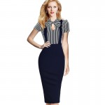 Vfemage Women Vintage Keyhole Bow Tie Faux Twinset Contrast Straps Striped Pocket Wear to Work Office Stretch Bodycon Dress 1610