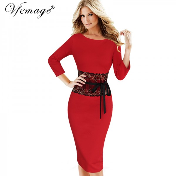 Vfemage Womens Autumn Winter Elegant Vintage Lace Tunic Casual Work Office Party Pencil Sheath Bodycon Vestidos Dress 4290