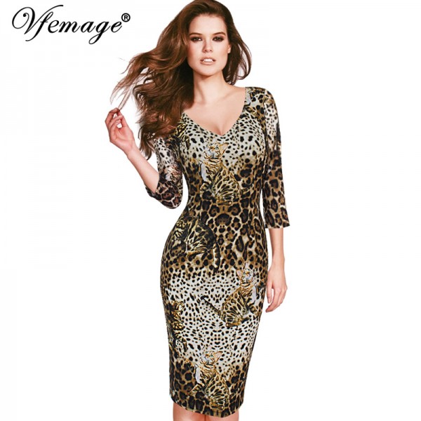 Vfemage Womens Elegant Autumn Leopard Cat Print Sexy V Neck Slim Casual Party Club Pencil Sheath Dress 4073