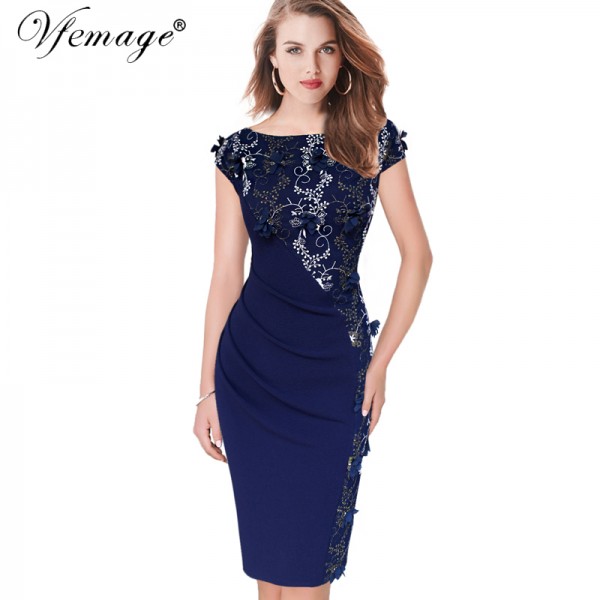 Vfemage Womens Elegant Embroidery Ruched Slim Tunic Casual Party Evening Special Occasion Sheath Pencil Bodycon Dress 4258