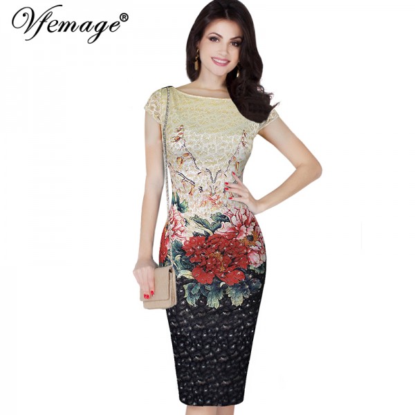 Vfemage Womens Elegant Floral Printed Lace Charming Party Bridesmaid Mother of Bride Special Occasion Bodycon Dress 4230