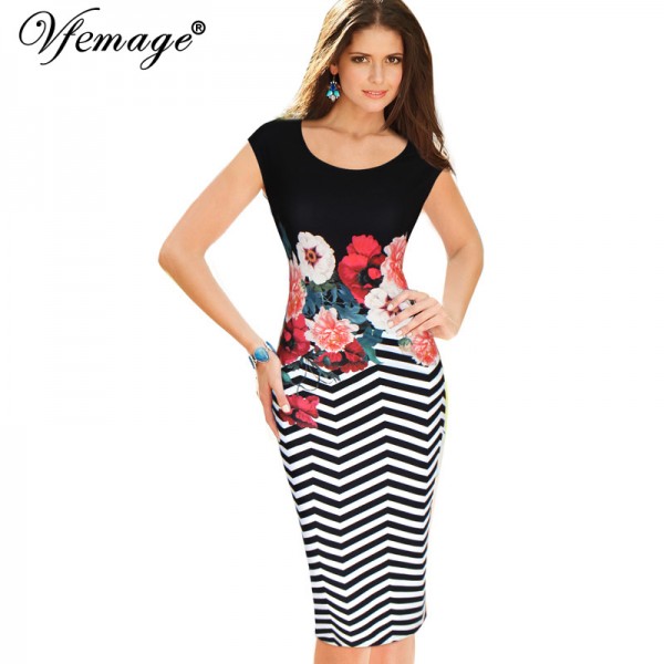 Vfemage Womens Elegant Floral Printed Zig Zag Contrast Colorblock Cap Sleeve Charming Slim Casual Party Pencil Sheath Dress 3018