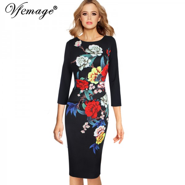 Vfemage Womens Elegant Flower Floral Printed Ruched 3/4 Sleeve Ruffle Casual bridesmaid Mother of Bride Evening Party Dress 4375