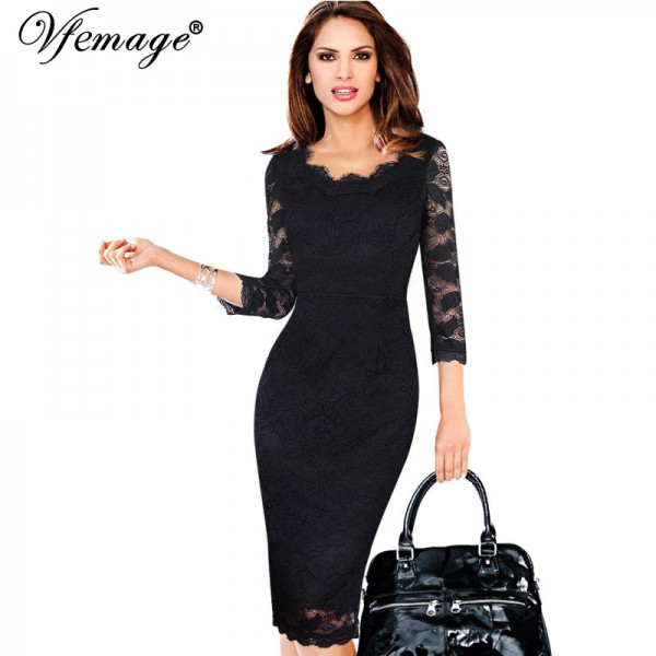 Vfemage Womens Elegant Lace See Through 3/4 sleeve Slim Casual Party Evening Special Occasion Pencil Sheath Bodycon Dress 3193