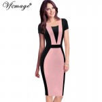 Vfemage Womens Elegant Optical Illusion Colorblock Contrast Modest Slim Work Business Casual Party Sheath Pencil Dress 2138