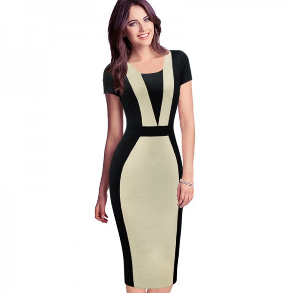 Vfemage Womens Elegant Optical Illusion Colorblock Contrast Modest Slim Work Business Casual Party Sheath Pencil Dress 2138