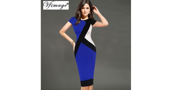 Vfemage Womens Elegant Optical Illusion Colorblock Contrast Modest Slim