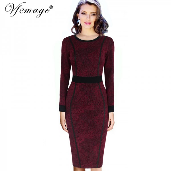 Vfemage Womens Elegant Round Neck Contrast Tunic High Waist Wear To Work Office Business Casual Sheath Pencil Bodycon Dress 4625