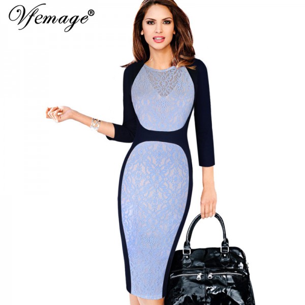 Vfemage Womens Elegant Sexy Lace Slim Tunic Patchwork Wear To Work Casual Party Sheath Slimming Fitted Pencil Bodycon Dress 4309