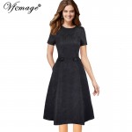 Vfemage Womens Elegant Summer Dobby Fabric Pocket Tunic Pinup Vintage Work Office Casual Party Pleated A Line Skater Dress 4732