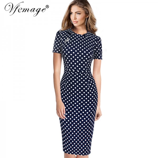 Vfemage Womens Elegant Vintage 2017 Spring Summer Polka Dot Casual Work Business Office Bodycon Pencil Sheath Dress 6188